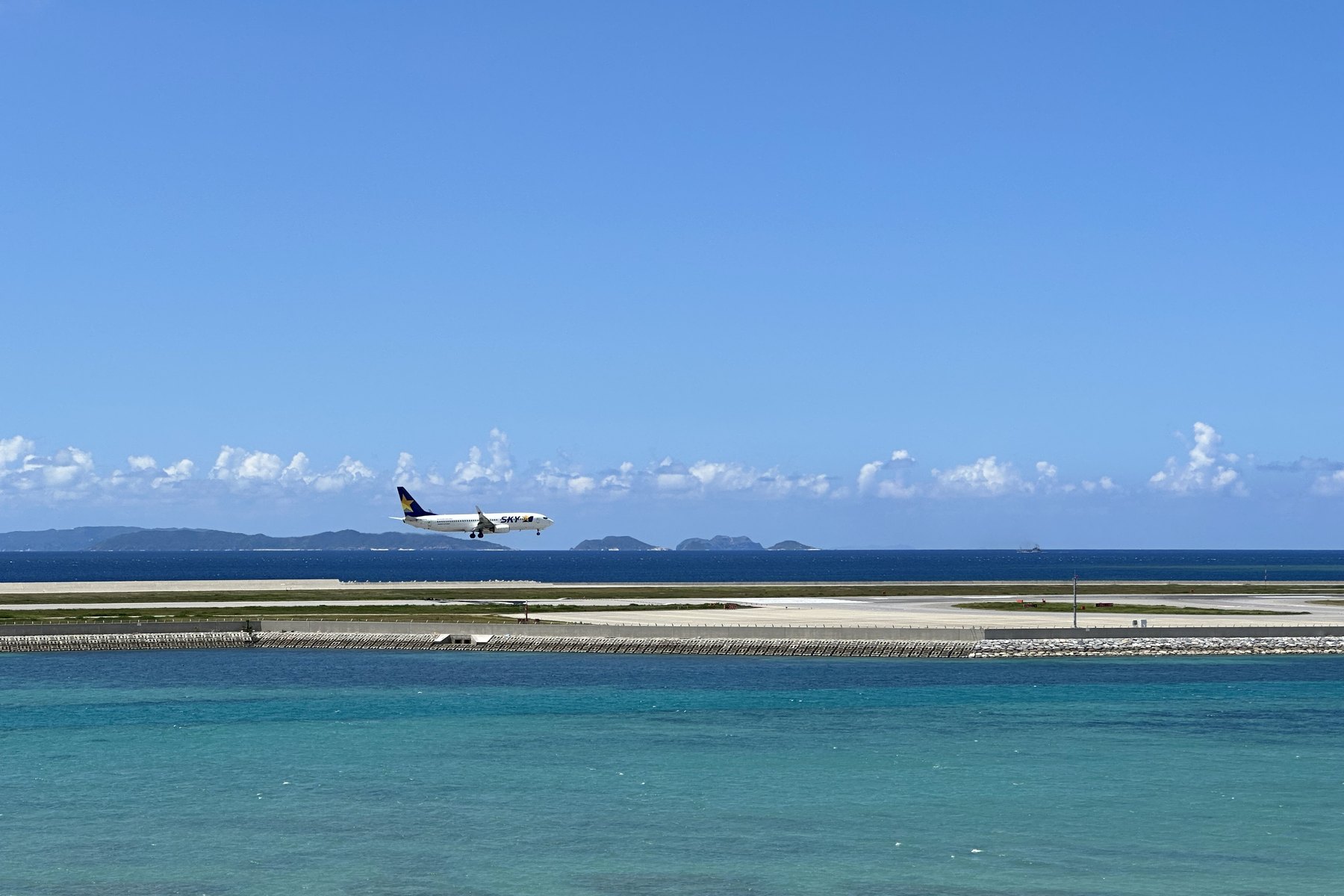 沖縄の海と着陸する飛行機